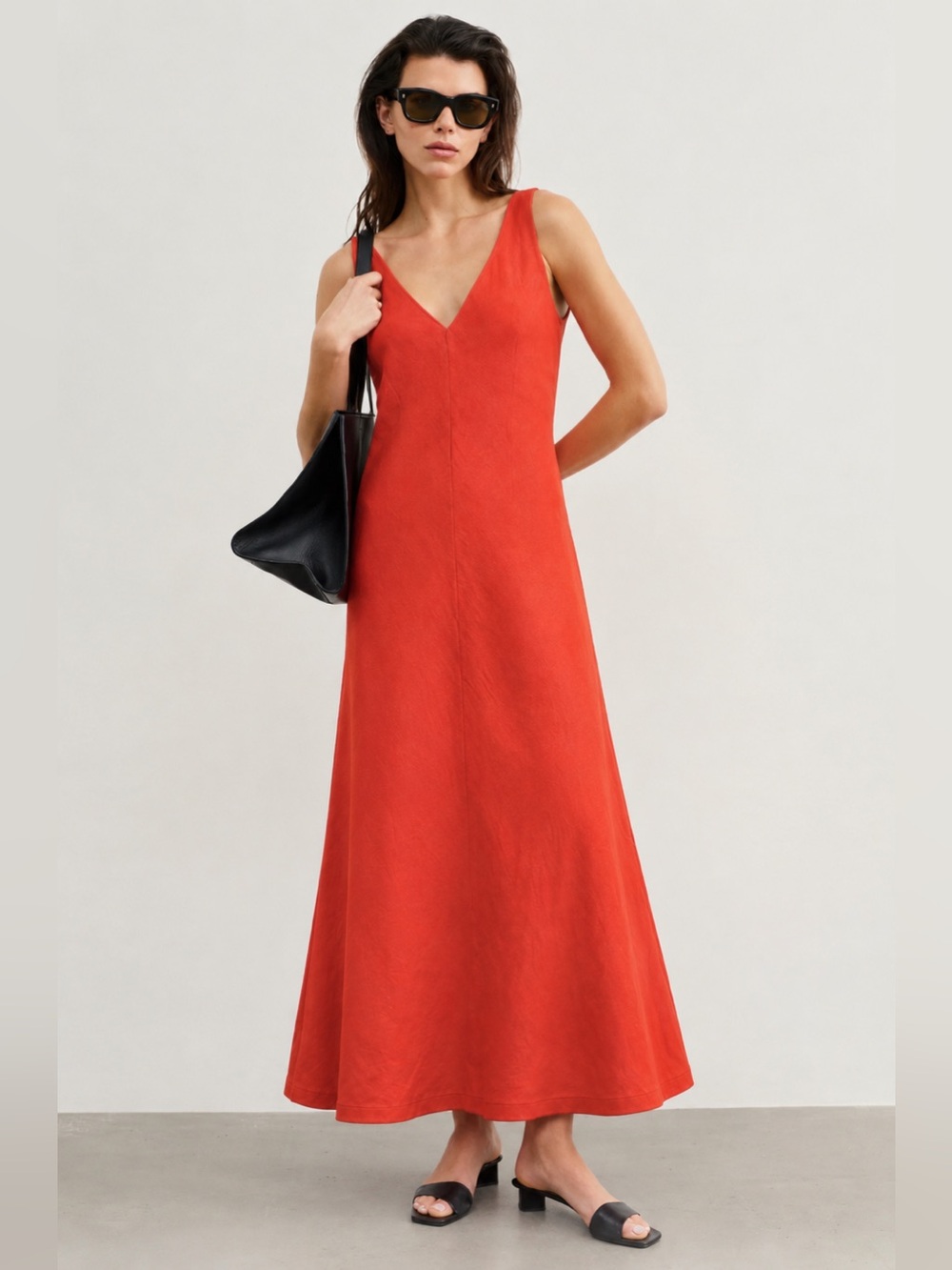 NWOT Haris Cotton V-Neck Sleeveless 100% Linen Maxi Dress Vibrant Coral Red | XS